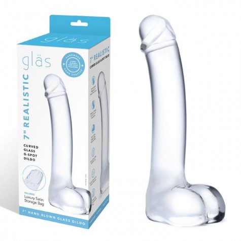 Прозрачный стеклянный фаллос с мошонкой Curved G-Spot - 18 см.